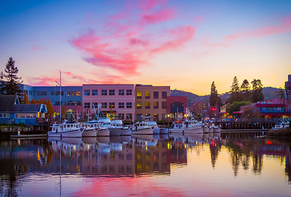 petaluma downtown and waterfron with boats at night